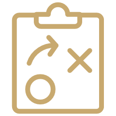 A clipboard with a sports game strategy diagram, including a curved arrow, an X mark, and a circle, drawn in gold on a dark background.