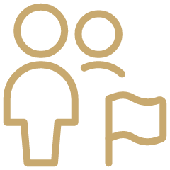 Outline of a person standing next to a speech bubble and a flag on a pole.