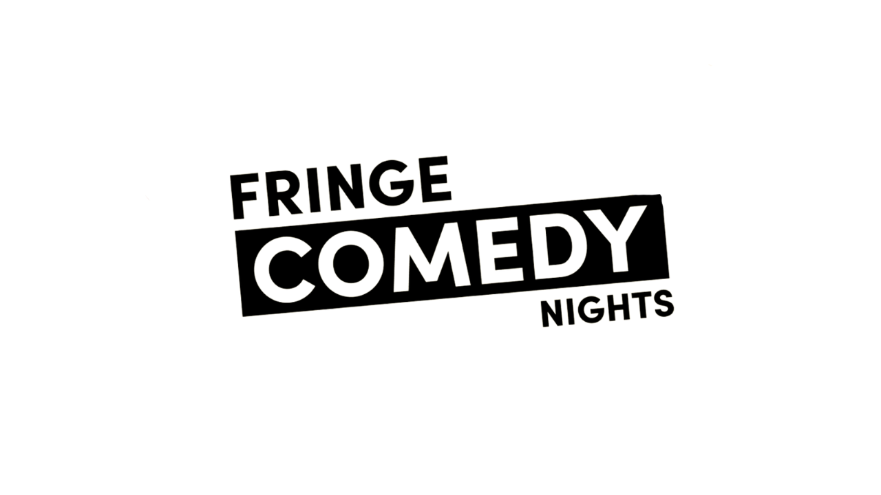 A neon sign for 'Fringe Comedy Nights' with the words outlined in yellow and black, on a black background.