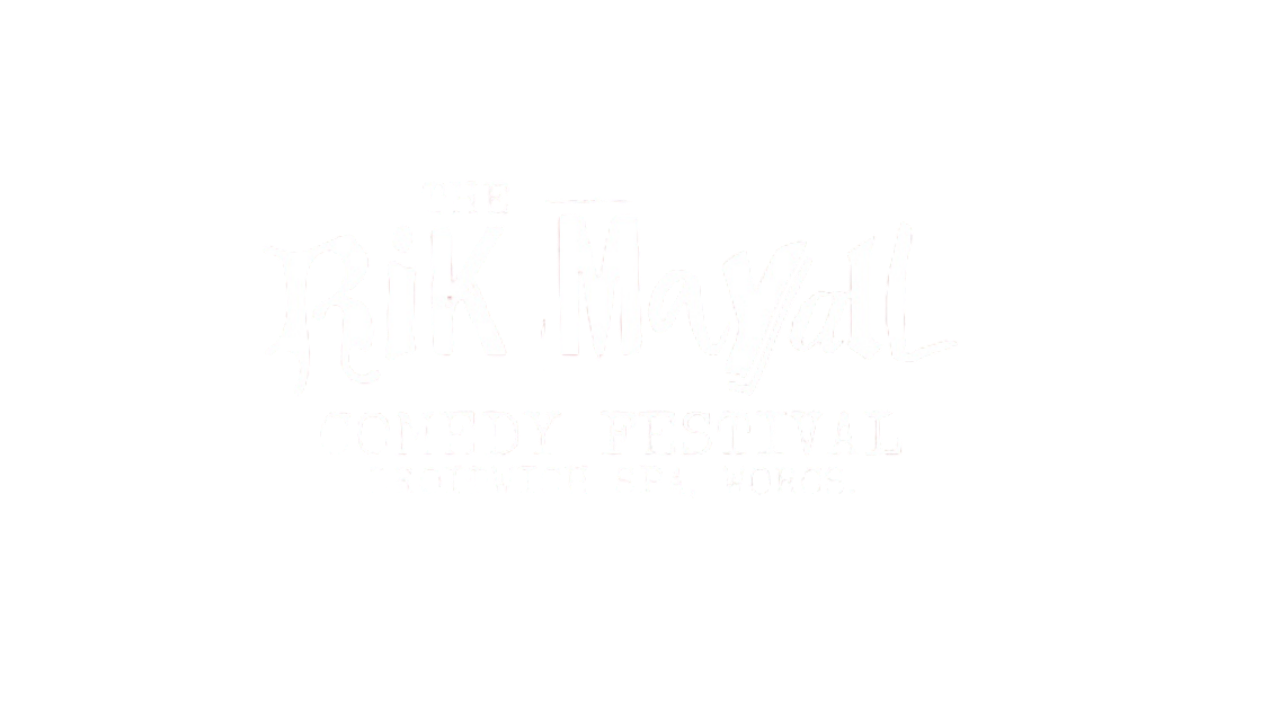 Logo for the Rik Mayall Comedy Festival featuring black background with white stylized text.