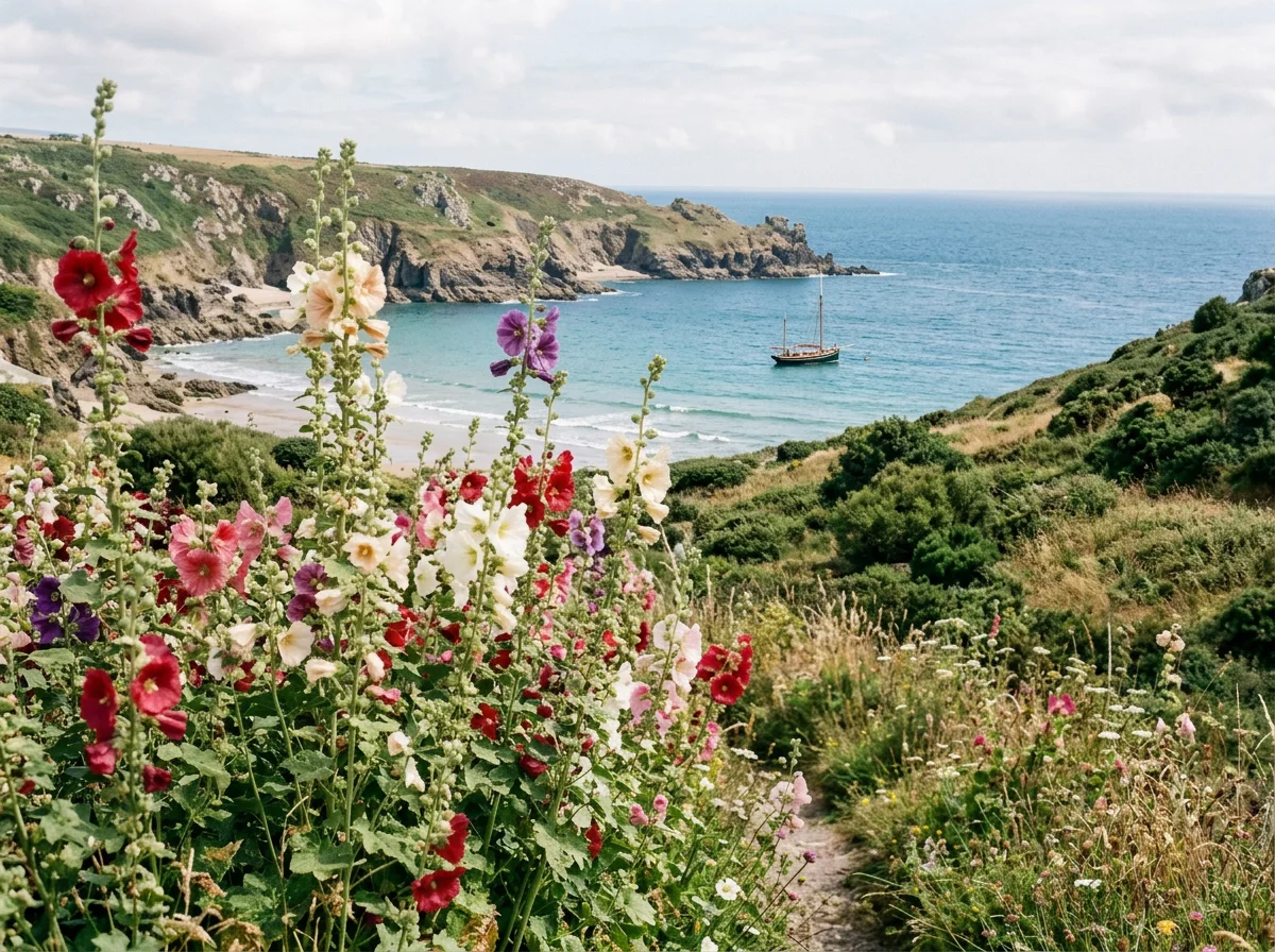 Flowers overlooking a beach with a sailboat on the water and cliffs in the background.