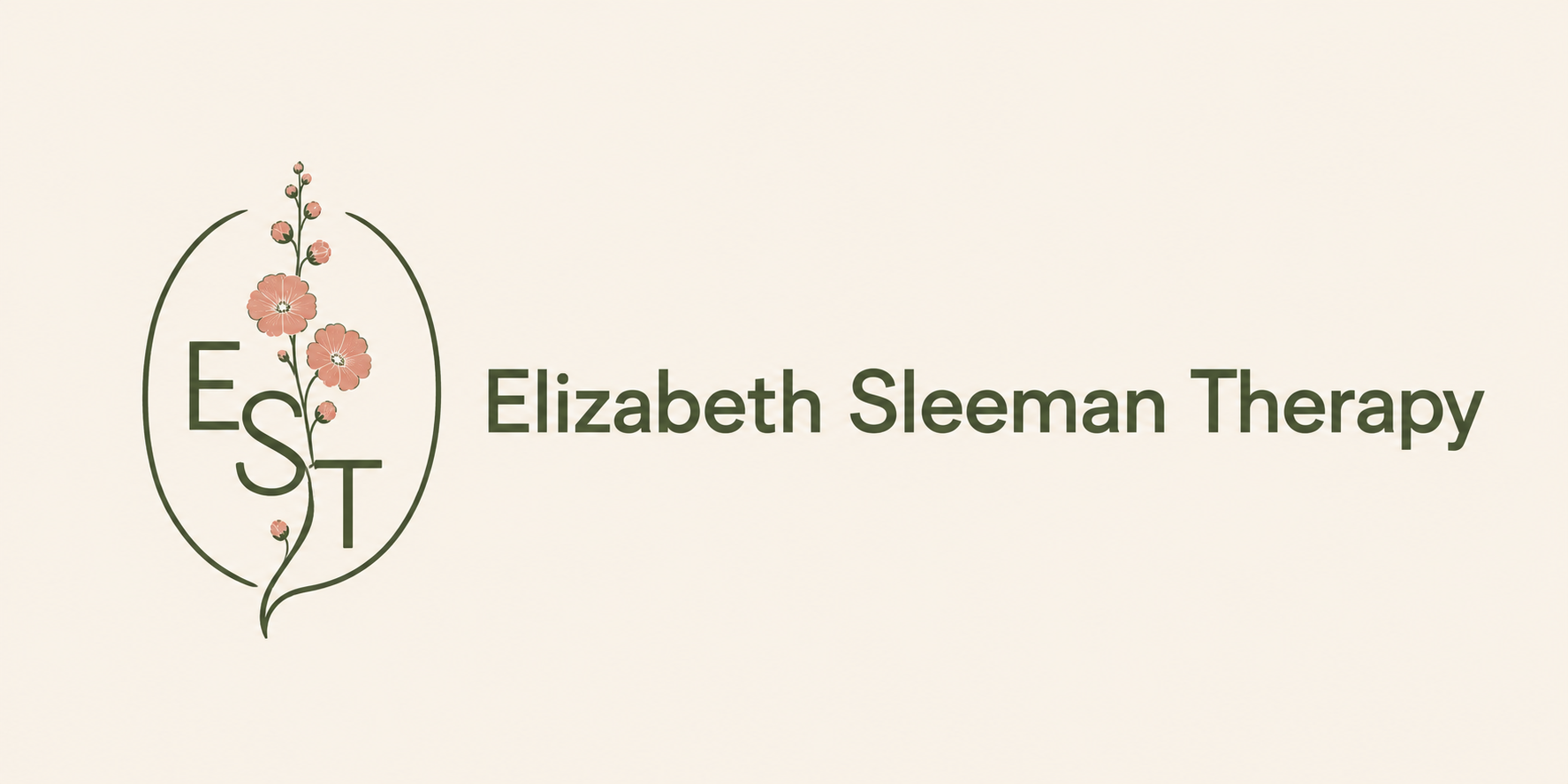 Logo for Elizabeth Sleeman Therapy featuring pink flowers and green lettering.
