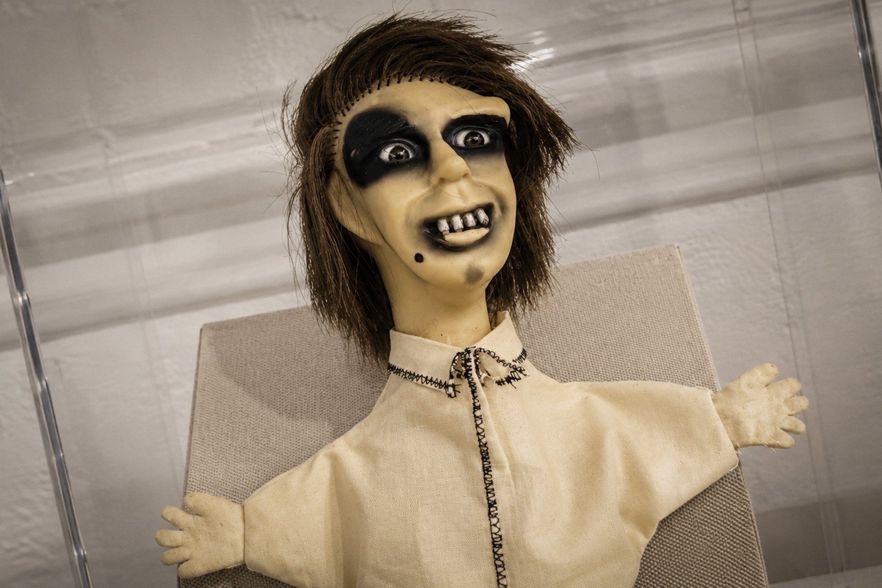 Original Morgus the Magnificent hand puppet displayed inside a clear acrylic case at the Cabildo in New Orleans.