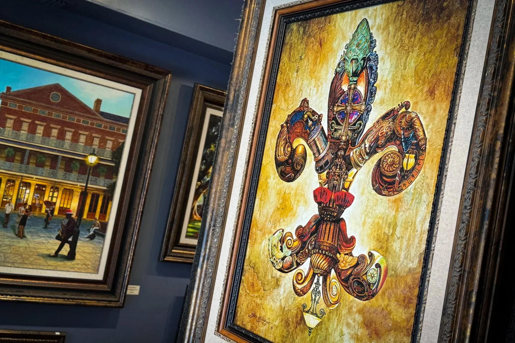Brad Thompson’s Jewel of the South, a fleur-de-lis composed of household objects, displayed in his Royal Street gallery.
