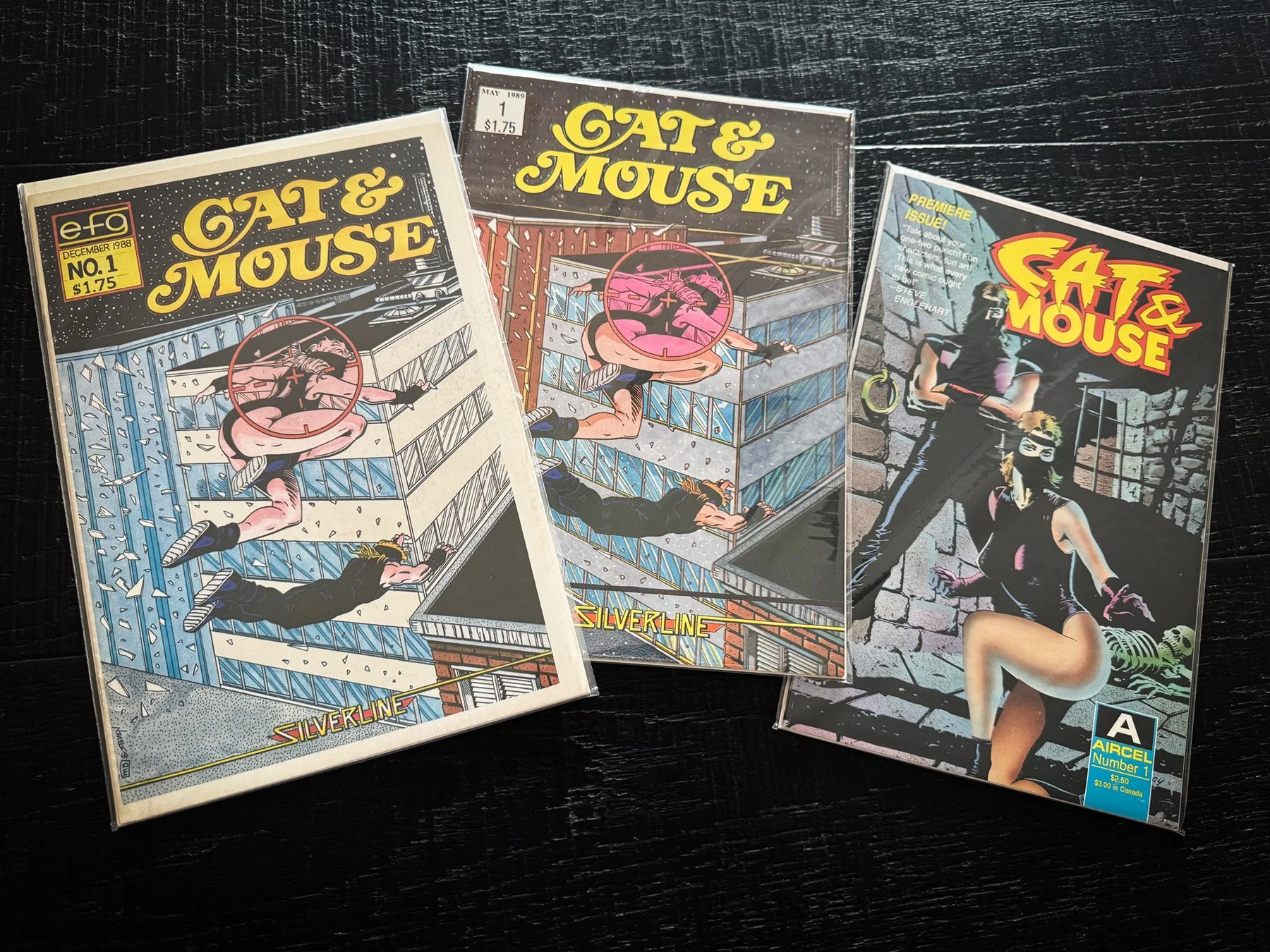Three versions of Cat & Mouse No. 1: the 1988 EFGraphics promotional edition, 1989 retail edition and Aircel’s 1990 relaunch.