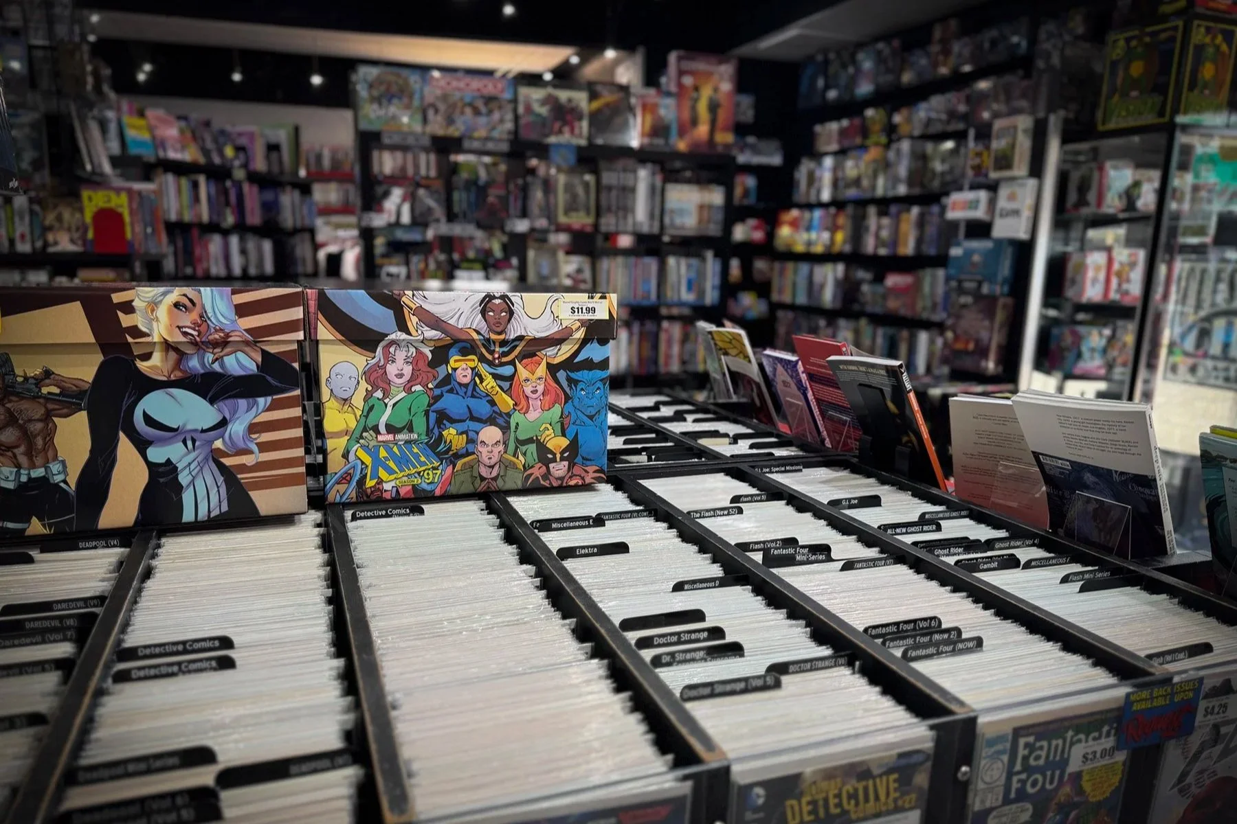 Rows of organized back-issue bins inside Crescent City Comics in New Orleans.