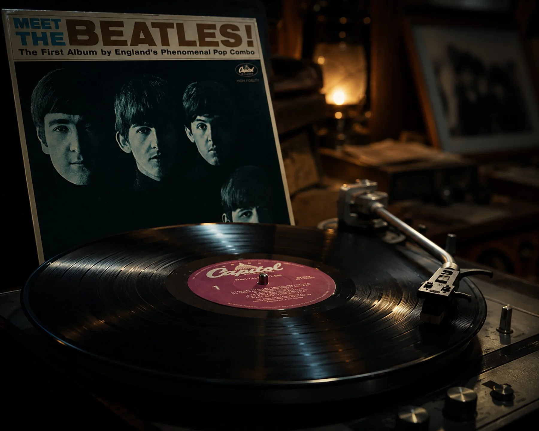 A copy of Meet the Beatles! stands beside the album playing on a vintage turntable in a warmly lit, cinematic 1960s-inspired scene.