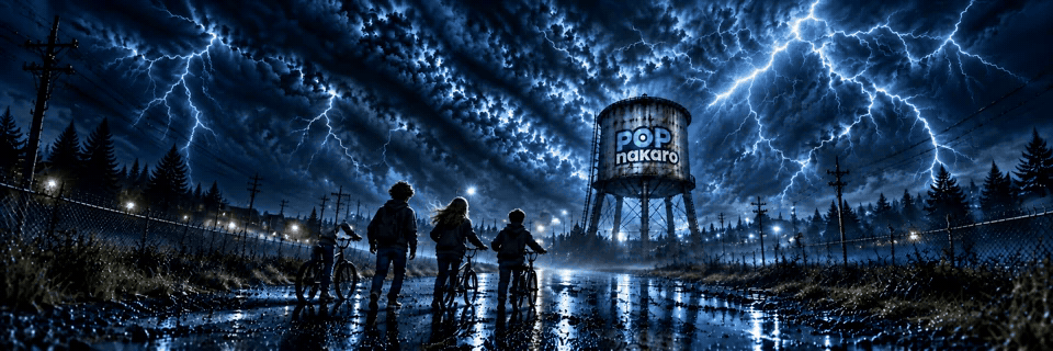 Subscribe free to the POP nakaro digital magazine. The animated banner shows explorers approaching a water tower as lightning flashes and the invitation appears.