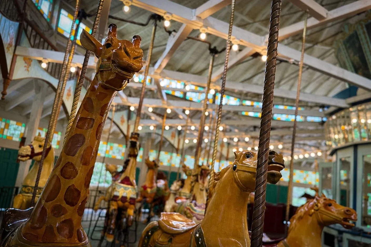 Hand-carved wooden giraffe and carousel animals inside the historic City Park Carousel at Carousel Gardens Amusement Park in New Orleans City Park.