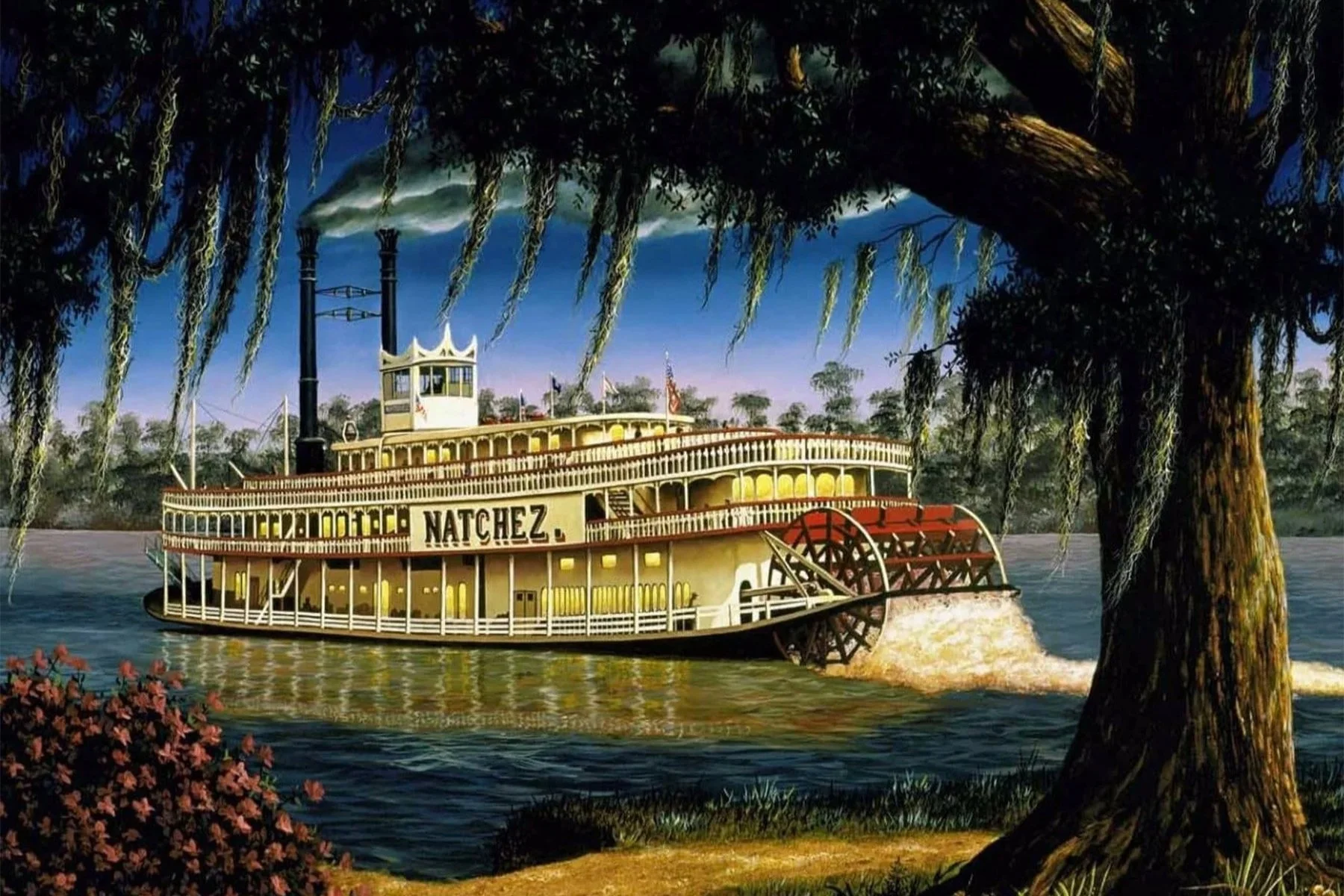 Brad Thompson painting of the Steamboat Natchez traveling the Mississippi River beneath moss-covered trees.