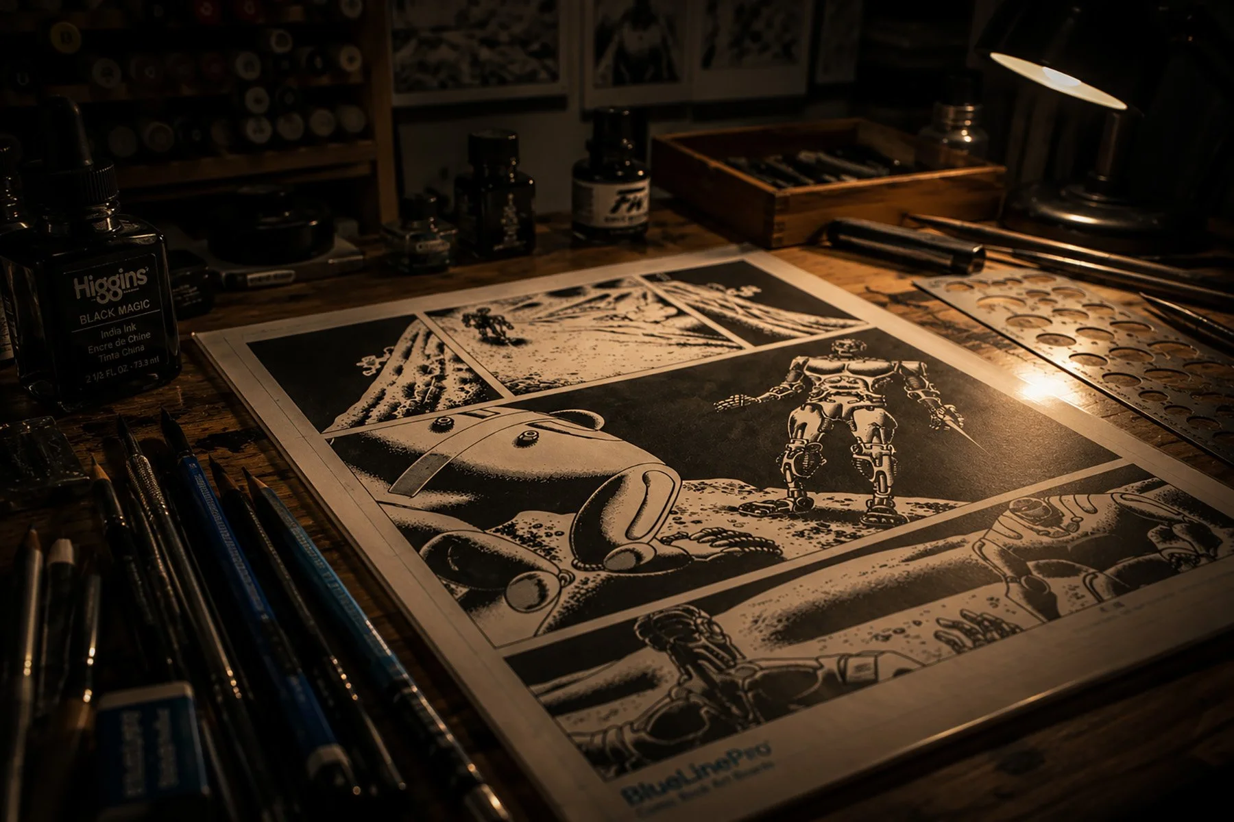 Black-and-white artwork from Teenage Mutant Ninja Turtles Volume 4 #1, penciled by Jim Lawson and inked by Peter Laird, presented on a comic artist’s desk surrounded by drawing and inking tools.