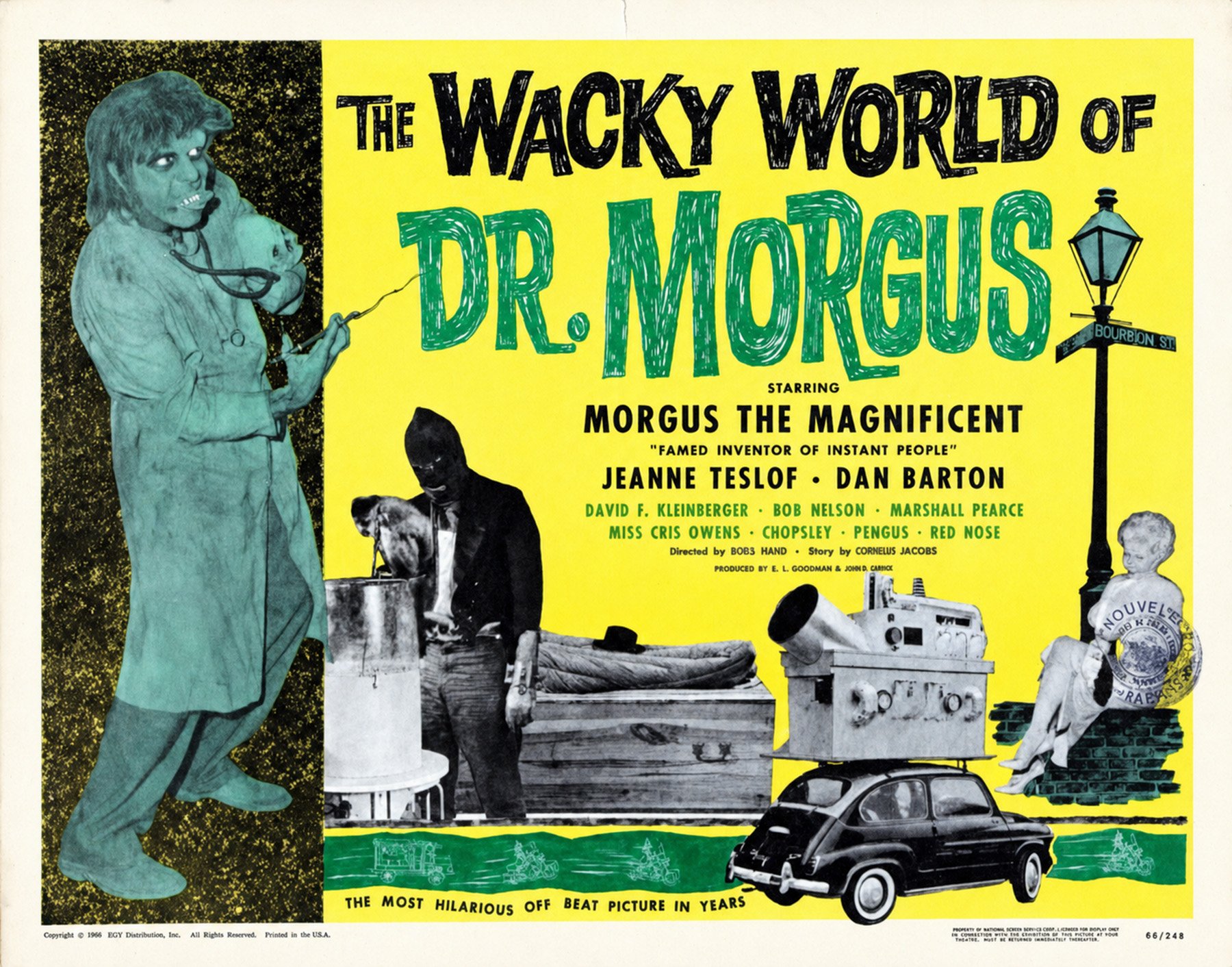 Lobby card for The Wacky World of Dr. Morgus featuring Morgus, Chopsley, the Instant People Machine and a Bourbon Street sign.