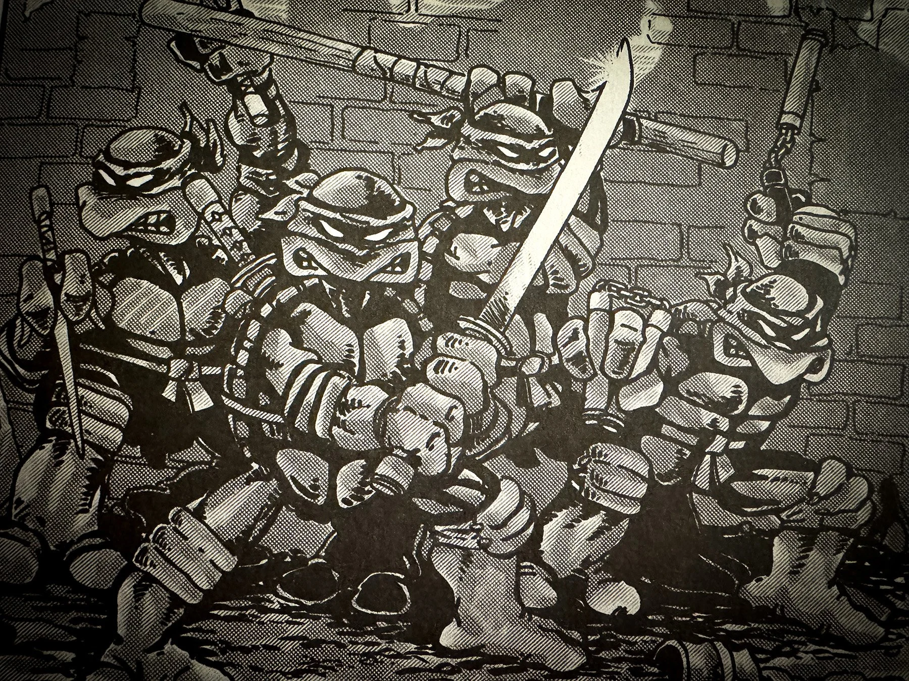The original Mirage Turtles gathered together in the black-and-white style that defined their earliest adventures.