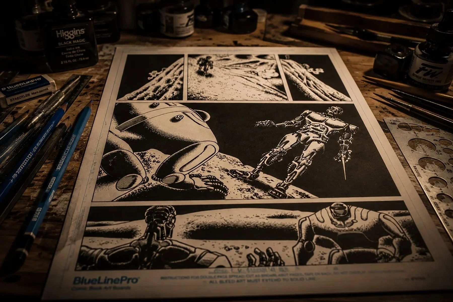 Original Teenage Mutant Ninja Turtles Volume 4 comic art by Jim Lawson and Peter Laird displayed on a comic artist's drafting table with traditional pens, brushes and inking supplies.
