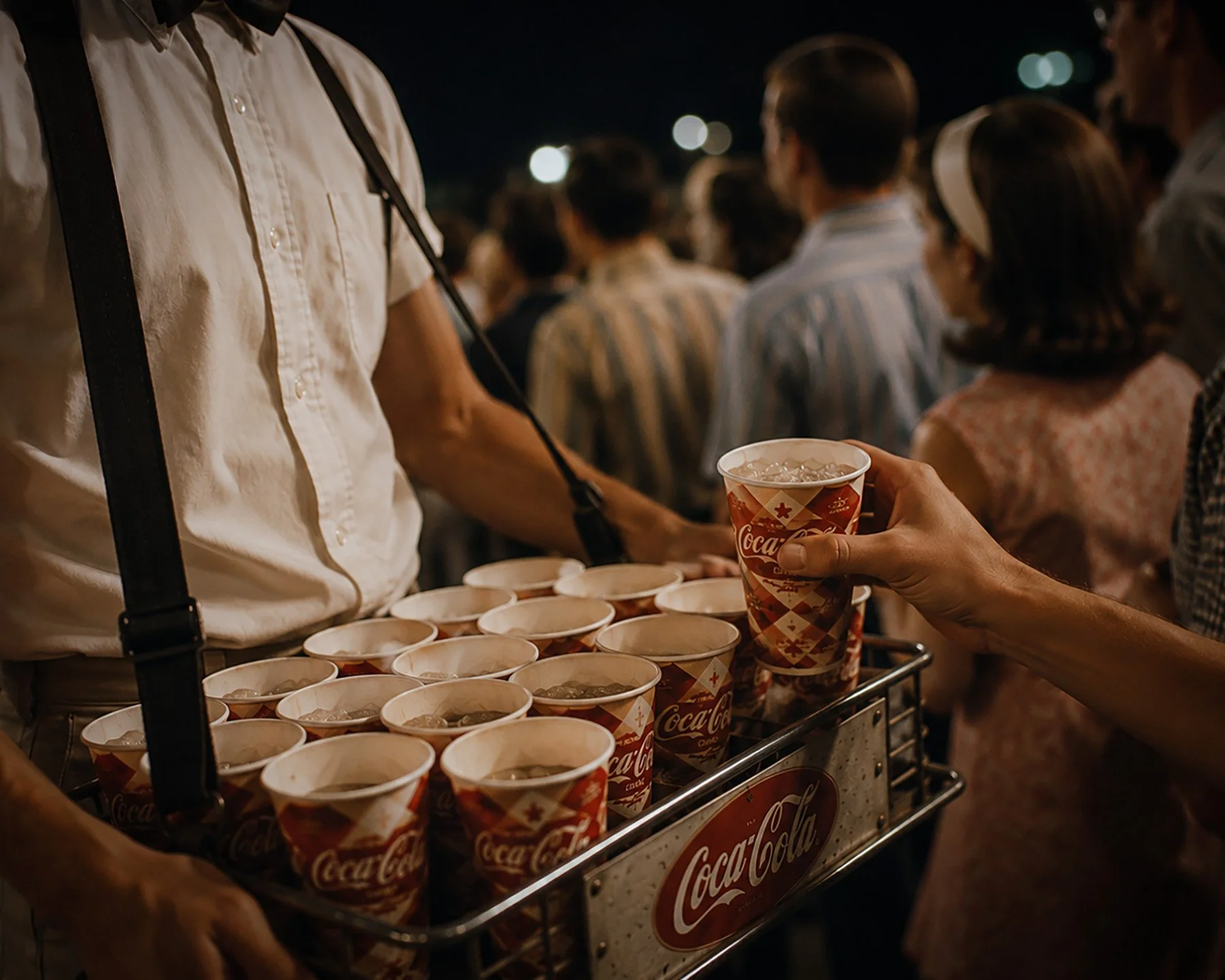 A 1960s stadium vendor carries a metal tray filled with Coca-Cola cups as a customer reaches for a drink amid a crowded nighttime concert.