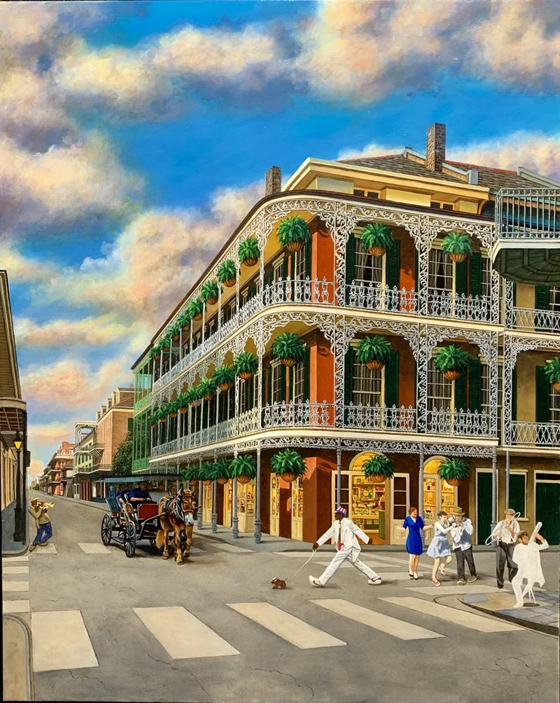 Brad Thompson painting of the LaBranche Buildings at Royal and St. Peter streets, with pedestrians, musicians, Uncle Louie and a horse-drawn carriage crossing the French Quarter intersection.