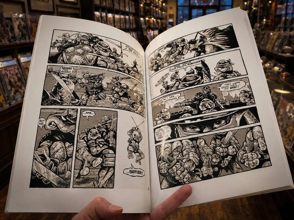 Open sixth printing of Teenage Mutant Ninja Turtles #1 showing Kevin Eastman and Peter Laird’s Duo-Shade comic artwork.