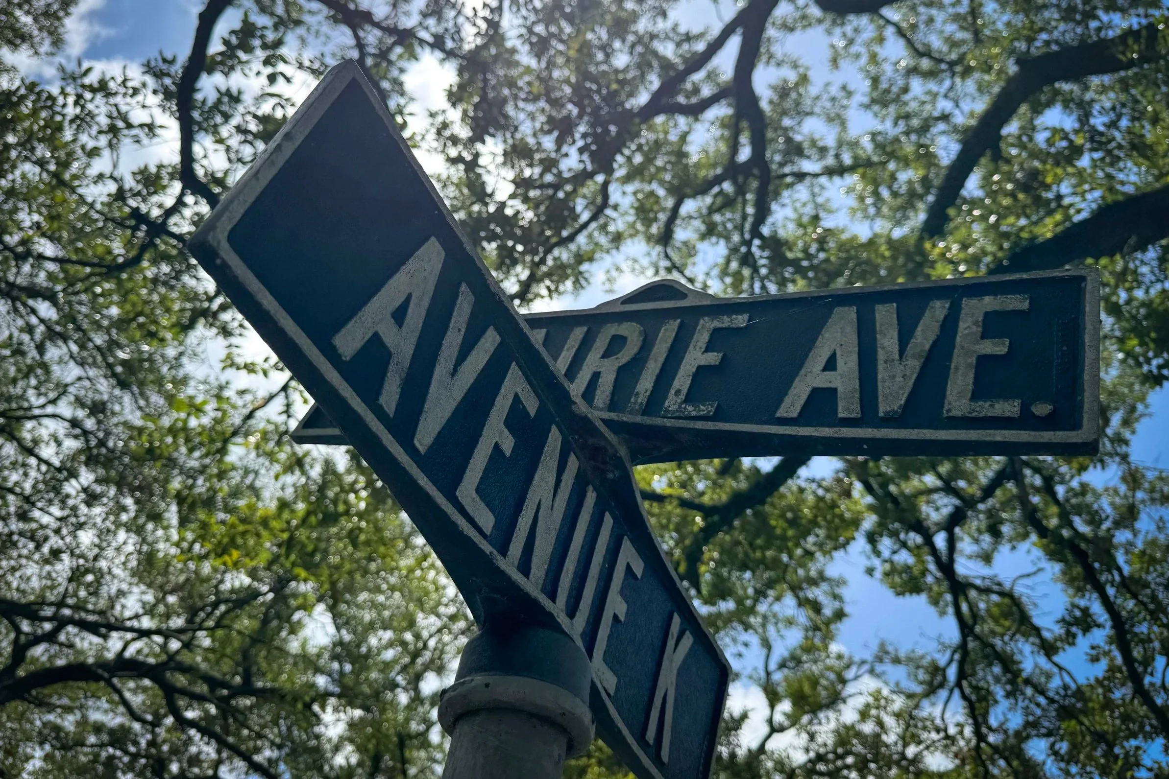 Weathered street signs at an intersection along Metairie Avenue beneath live oak trees in Metairie Cemetery.