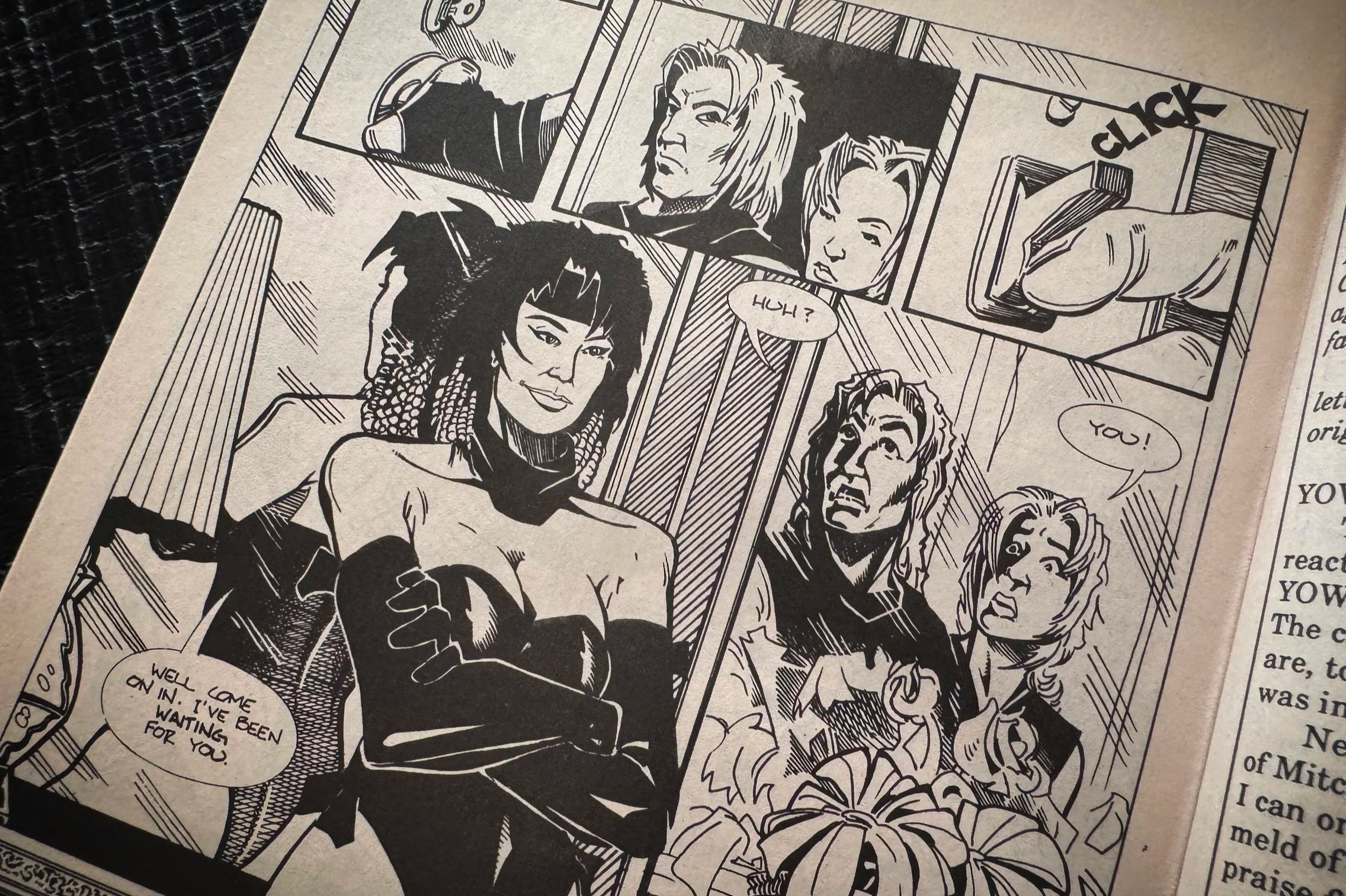 Kunoichi confronts a startled Jerry O’Neil and Mandy Paige in a black-and-white page from Cat & Mouse No. 3.