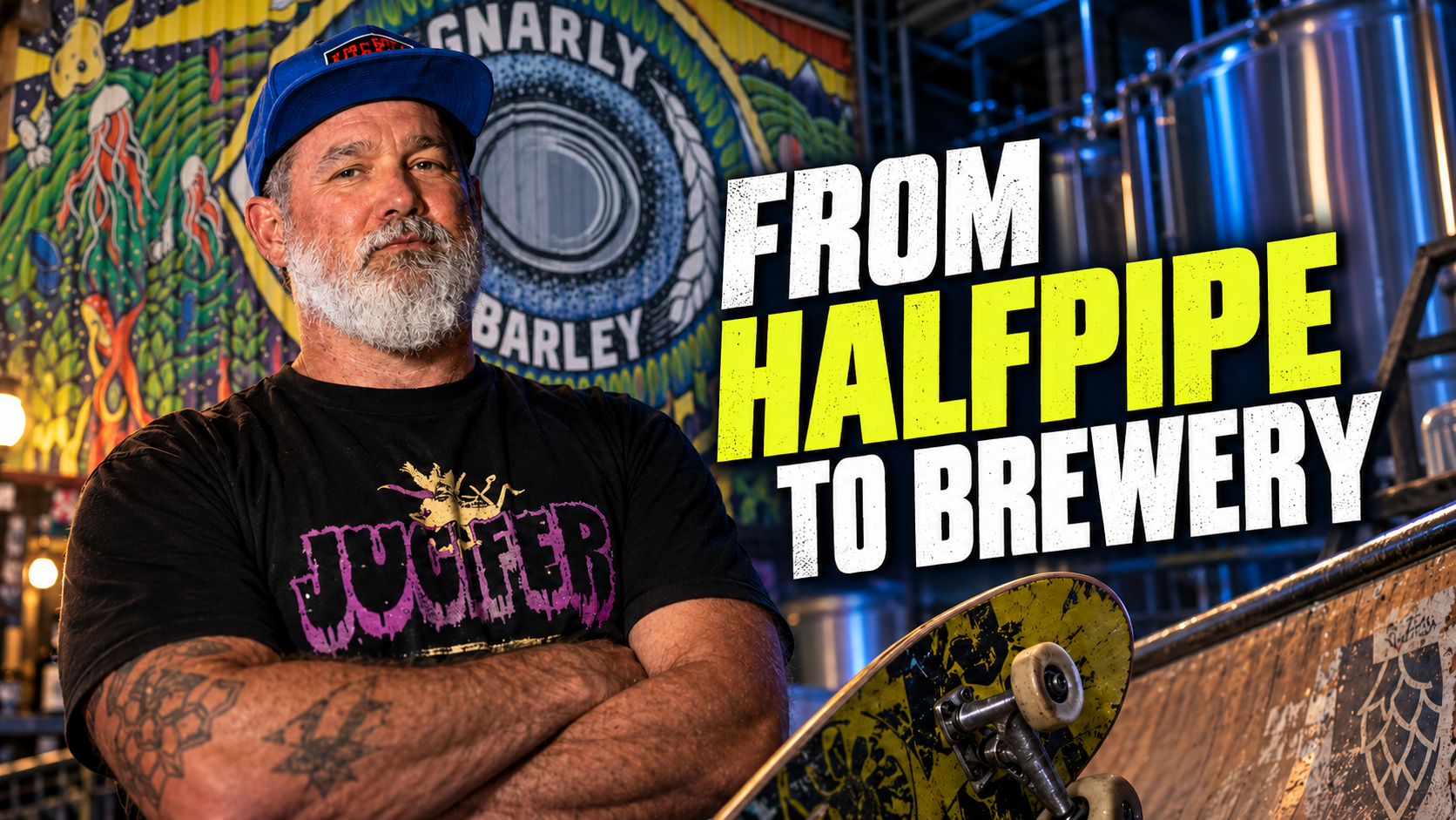 Zac Caramonta of Gnarly Barley beside a skateboard ramp with the words “From Halfpipe to Brewery.”