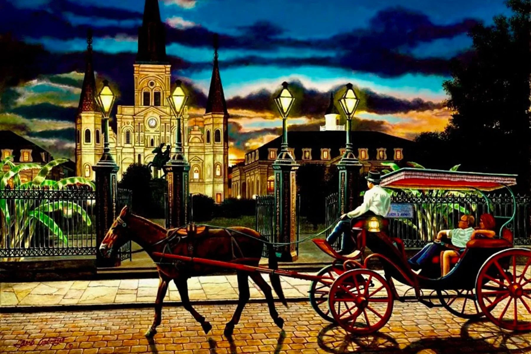 Brad Thompson’s Cathedral at Dusk, depicting a horse-drawn carriage passing the illuminated St. Louis Cathedral beneath a dramatic evening sky.