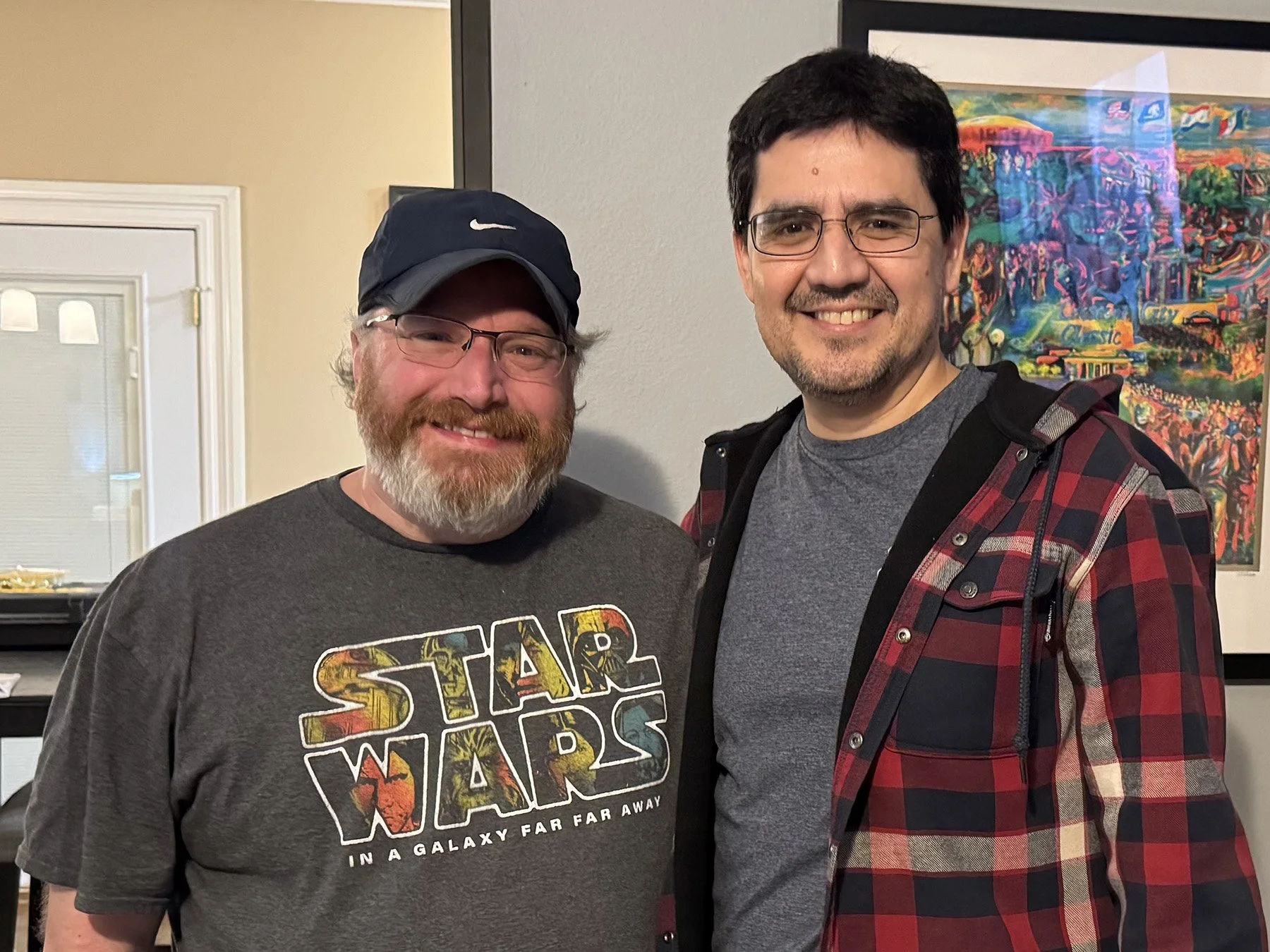 Tim San Fillippo and Marco posing together before an interview about Marco's lifelong journey as a science fiction collector.