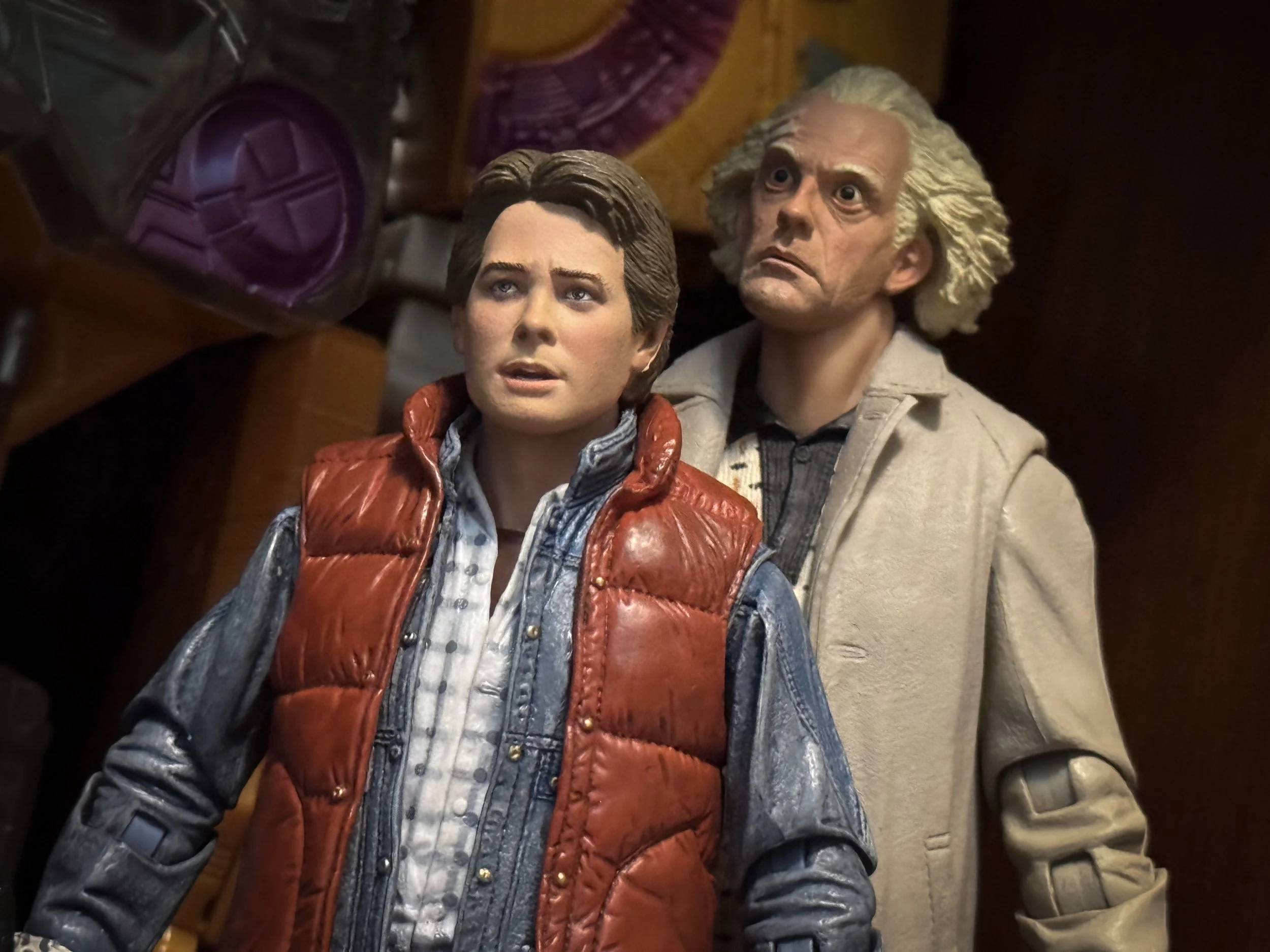 Marty McFly and Doc Brown action figures from Back to the Future displayed in Marco's display room.