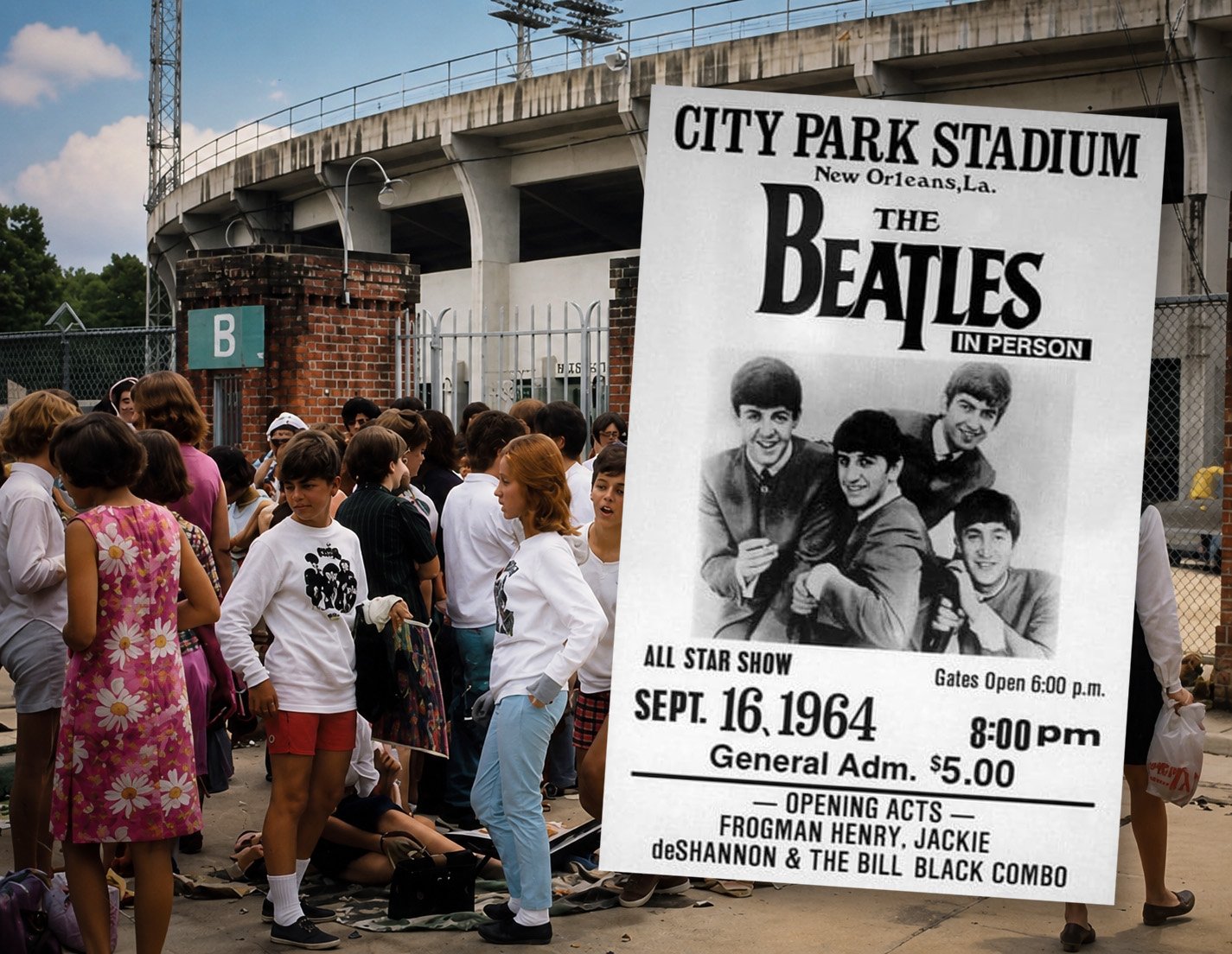 Young Beatles fans gather outside New Orleans’ City Park Stadium beside a concert poster advertising The Beatles’ September 16, 1964 performance.