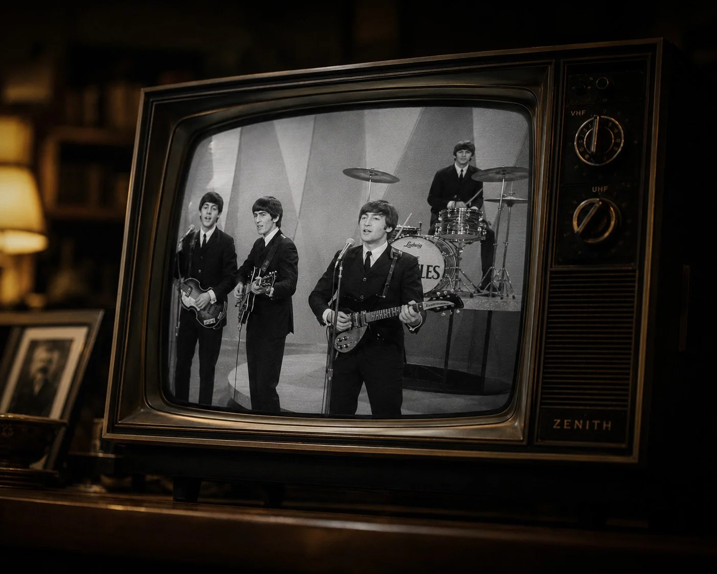 A vintage 1960s television shows The Beatles performing in black and white on The Ed Sullivan Show in a dimly lit living room.