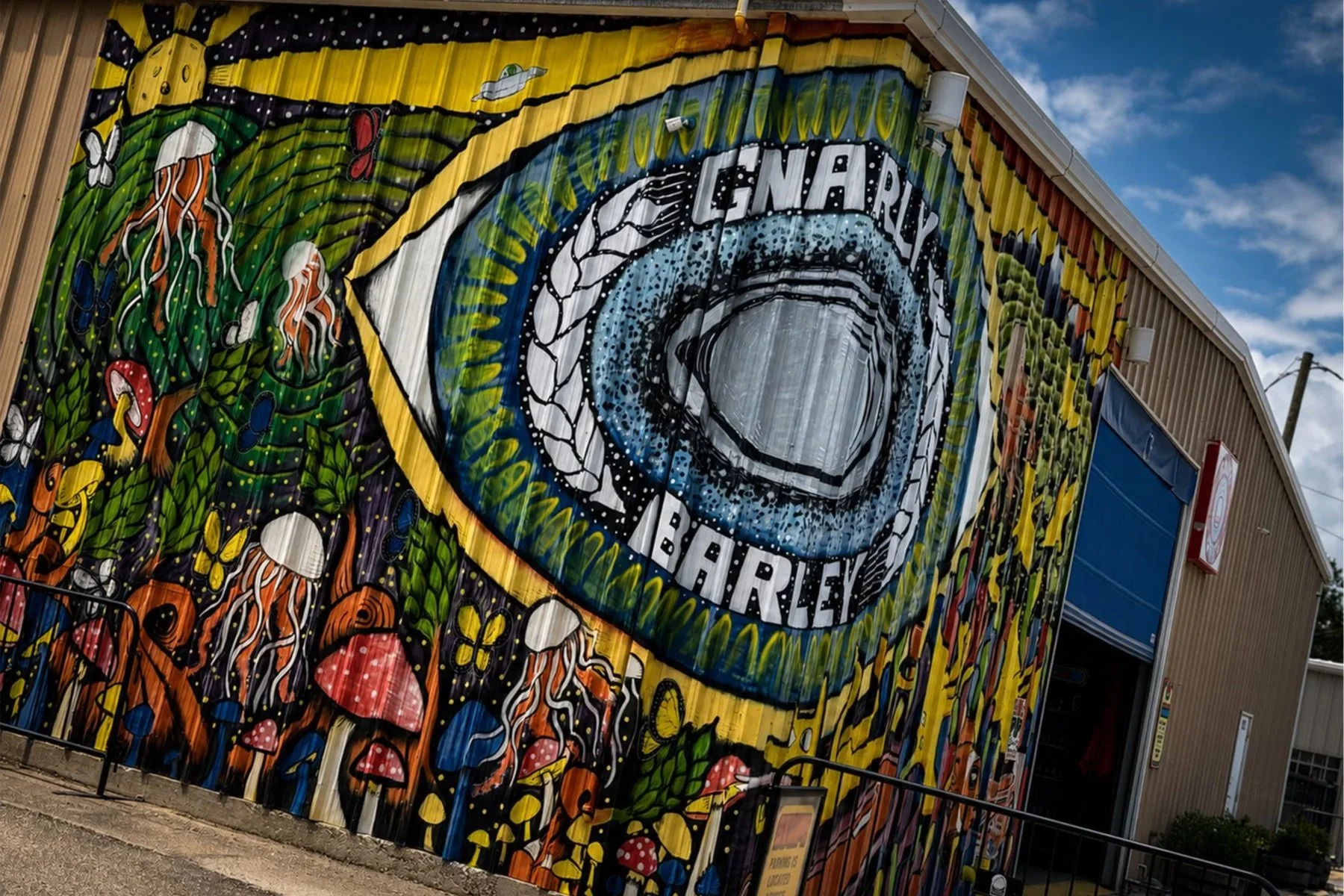 Colorful Gnarly Barley Brewing mural and main entrance in Hammond, Louisiana.