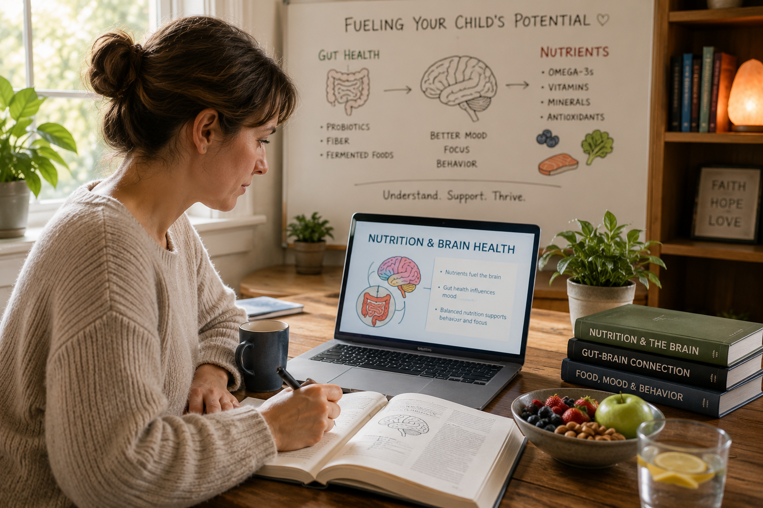 Woman sitting at a wooden desk studying about brain health and nutrition, with a laptop, open book, and healthy snacks, in a well-lit room with plants and a whiteboard in the background.