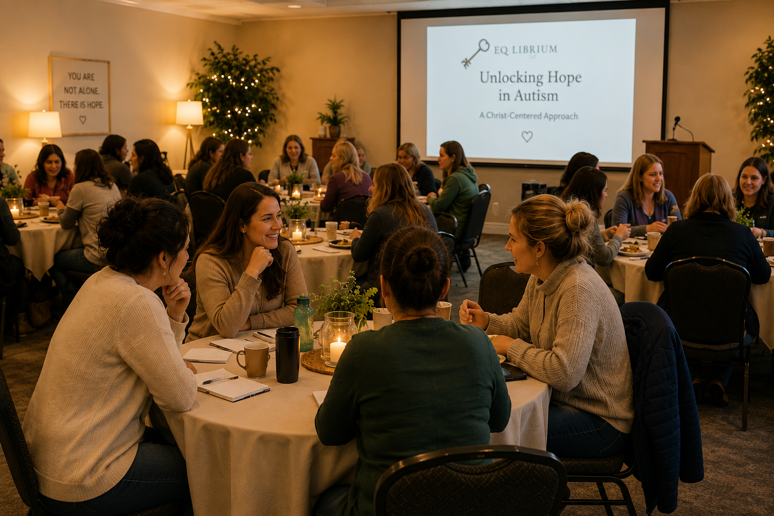 Group of women seated around tables in a conference room, attending a presentation about autism and hope. The room is decorated with candles and Christmas trees, with a screen displaying 'Unlocking Hope in Autism'.