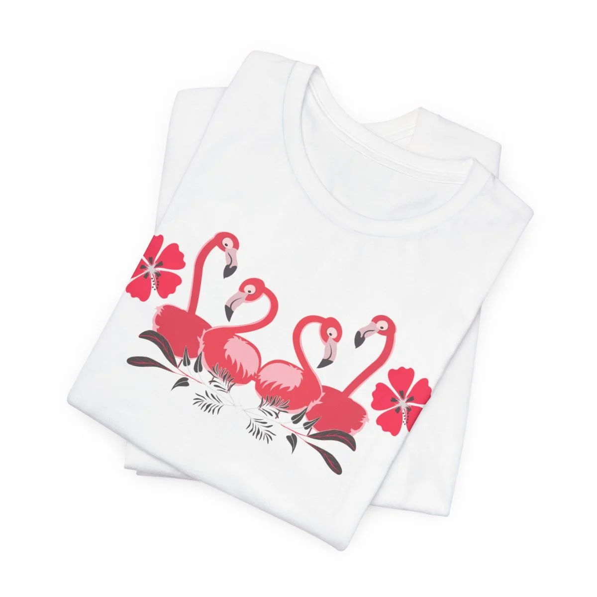 White graphic tee with a pink tropical flamingo and floral illustration against a clean background.