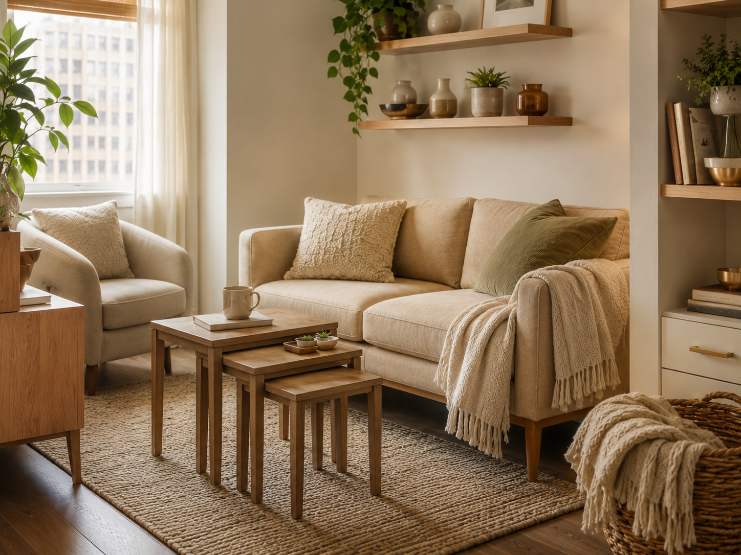 Set of nesting tables in a cozy living room, offering flexible surface space that tucks away when not in use.