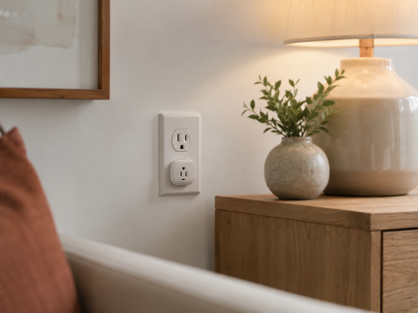 Slim smart plug in a wall outlet near a wood console table and ceramic vase.