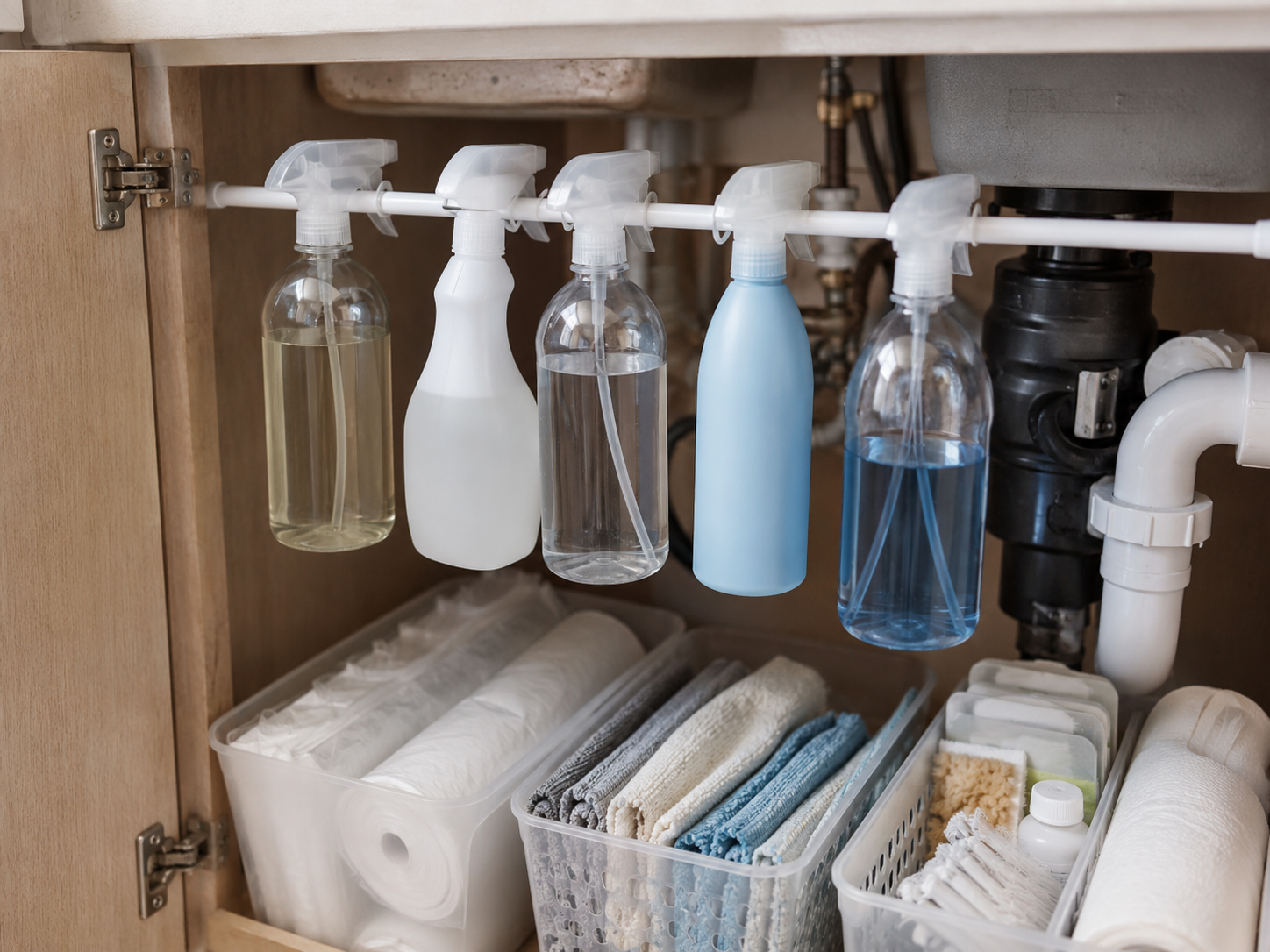 Spray bottles hanging from a tension rod under the sink with bins of cleaning cloths, trash bags, sponges, and household supplies below.