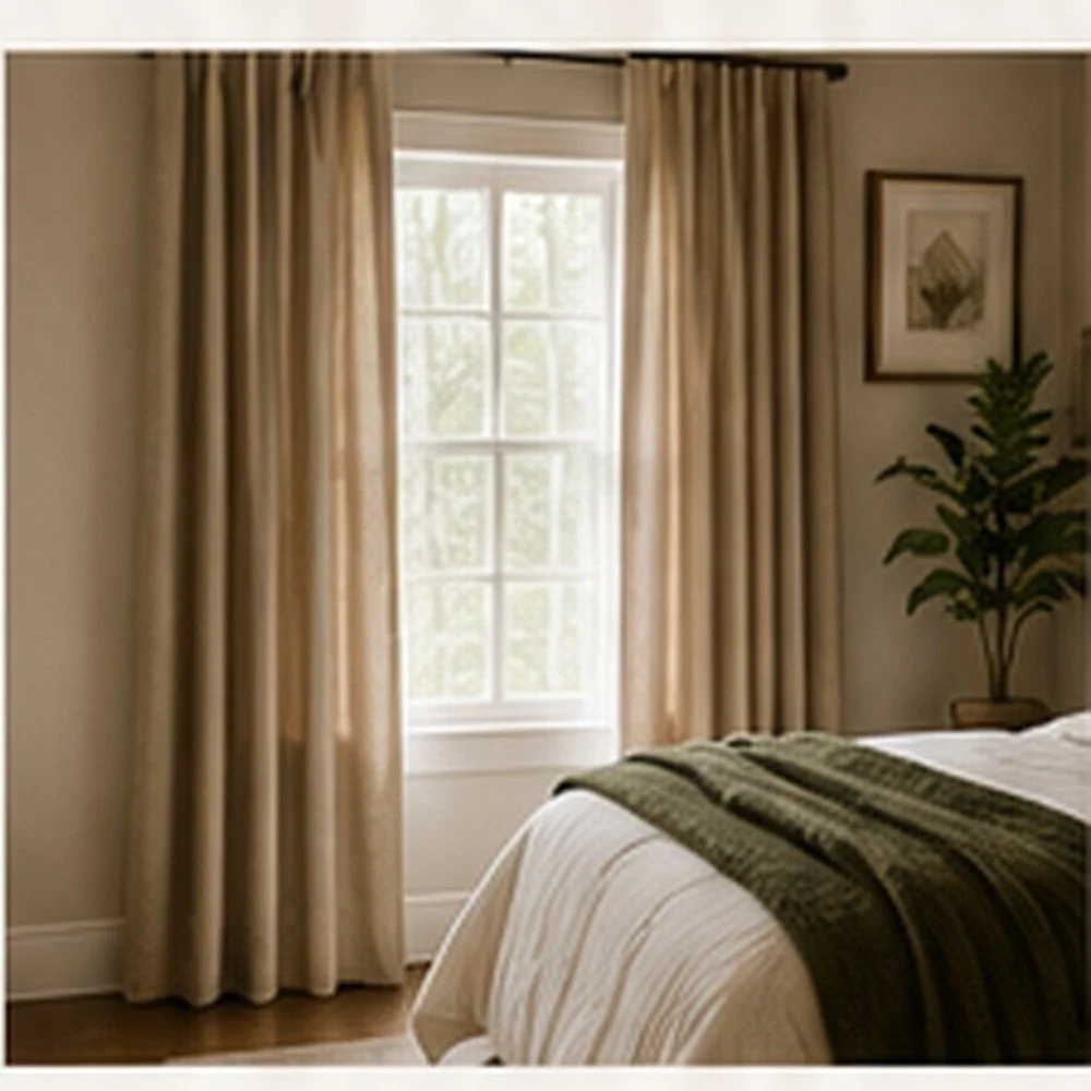 Bedroom window with floor-length neutral curtains, layered bedding, and warm natural light.