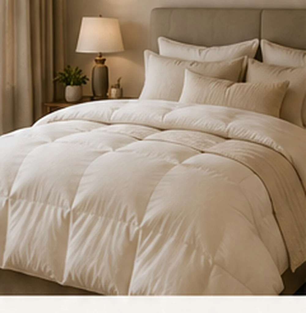 Full white duvet on a neatly made bed with soft neutral pillows and a cozy hotel-inspired look.
