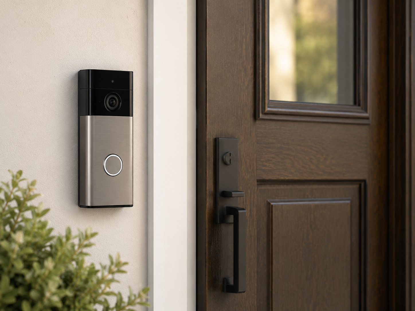 Modern video doorbell with a matte black and brushed metal finish installed beside a front door.