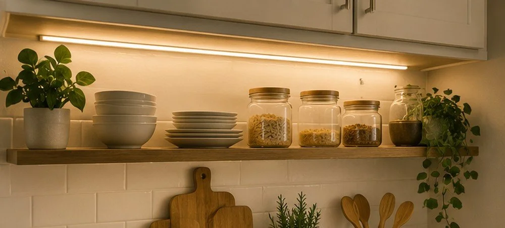 Warm under-cabinet lighting above a kitchen counter with dishes, glass jars, plants, and wood cutting boards.