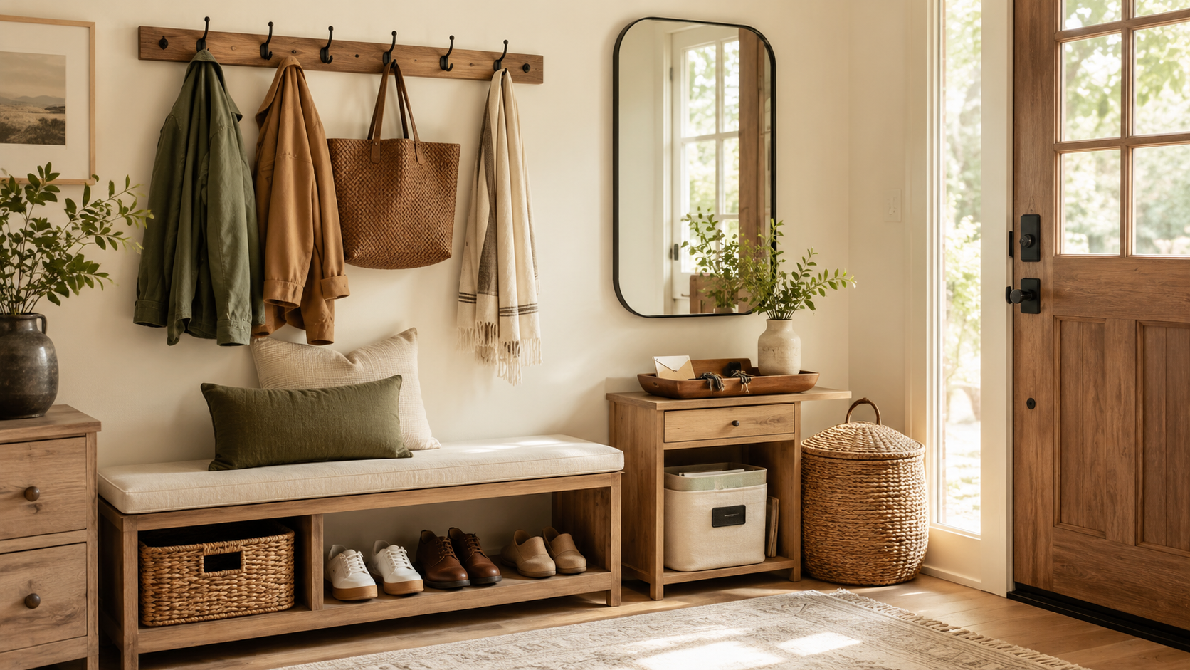 Organized entryway with a storage bench, wall hooks, mirror, baskets, and shoe storage near a wooden front door.
