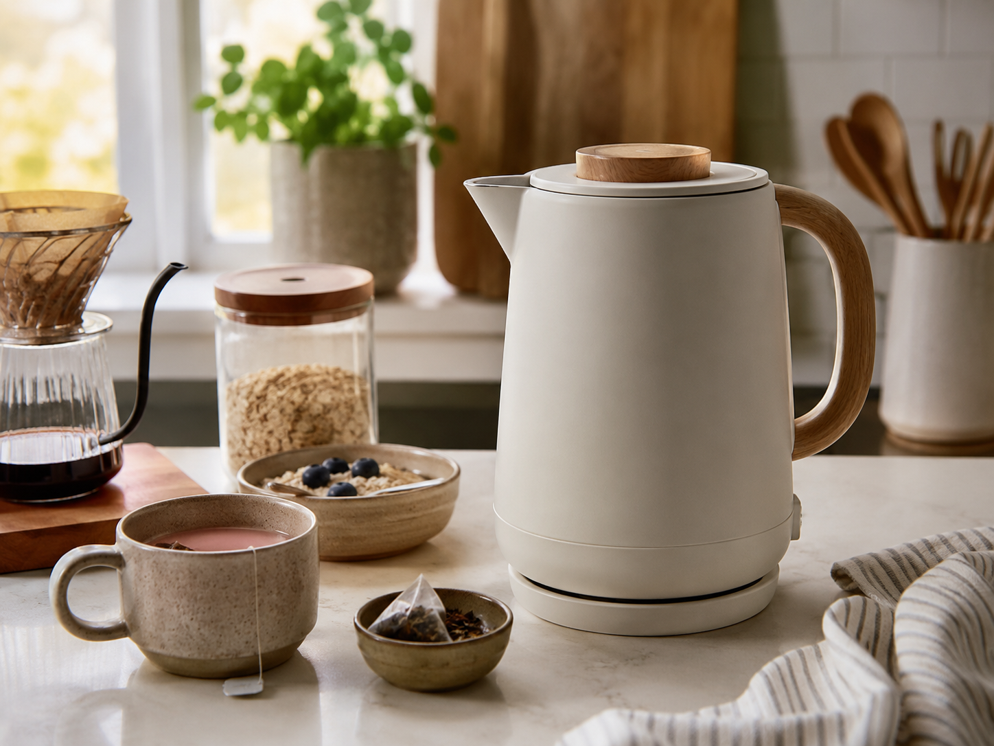Electric kettle on a kitchen counter with tea, oatmeal, and coffee items nearby for quick hot water.