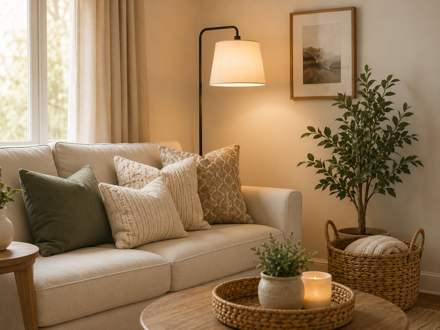 Cozy neutral living room with a sofa, area rug, coffee table, floor lamp, greenery, and warm layered decor.