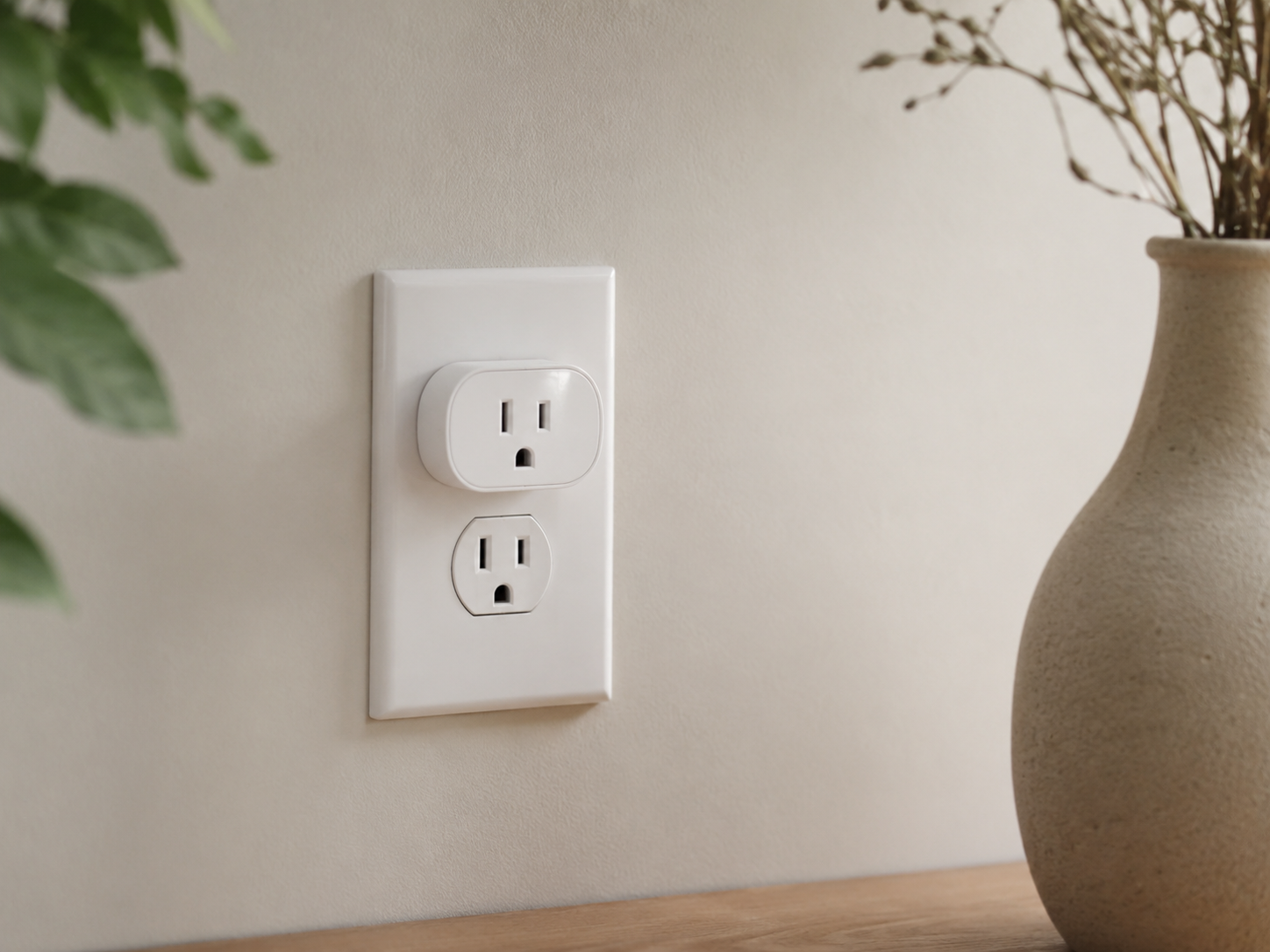 Low-profile smart plug in a wall outlet near a bedside table with a lamp and small vase.