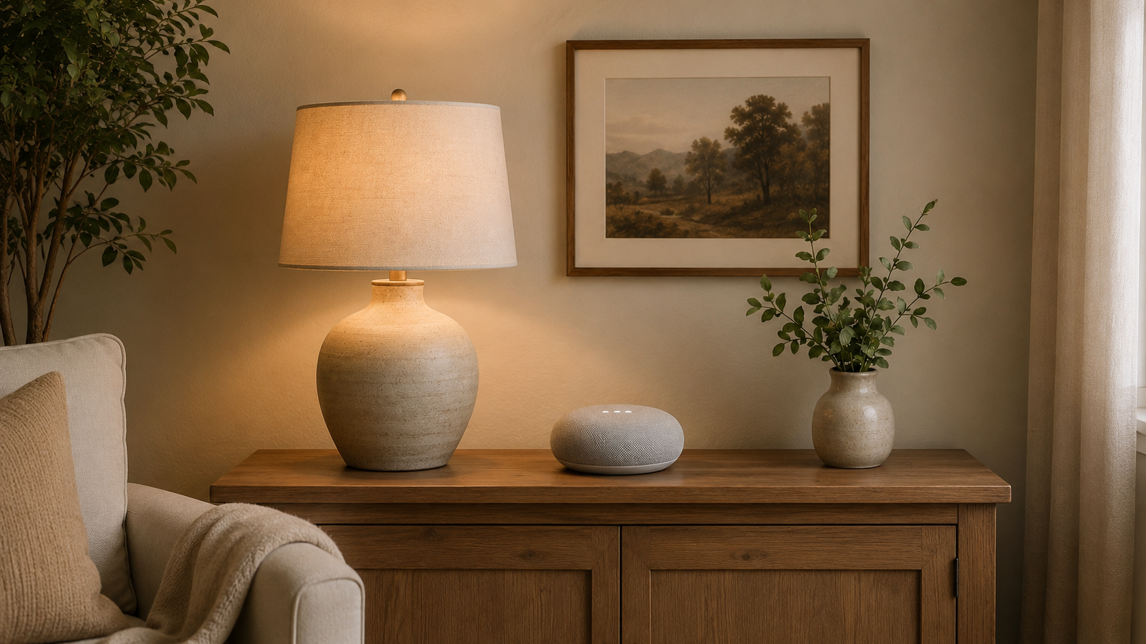 Stylish smart lamp and minimalist smart speaker on a wooden console table in a warm, neutral living room.