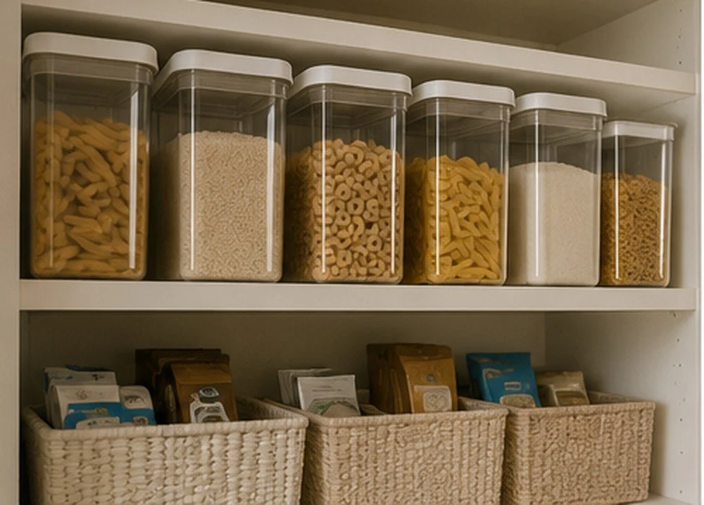 Pantry shelf with matching clear containers, baskets, and neatly organized dry goods.