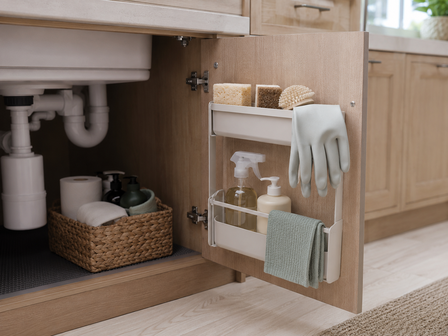Cabinet door-mounted organizer holding sponges, gloves, spray bottles, and cleaning cloths beside an under-sink storage basket.