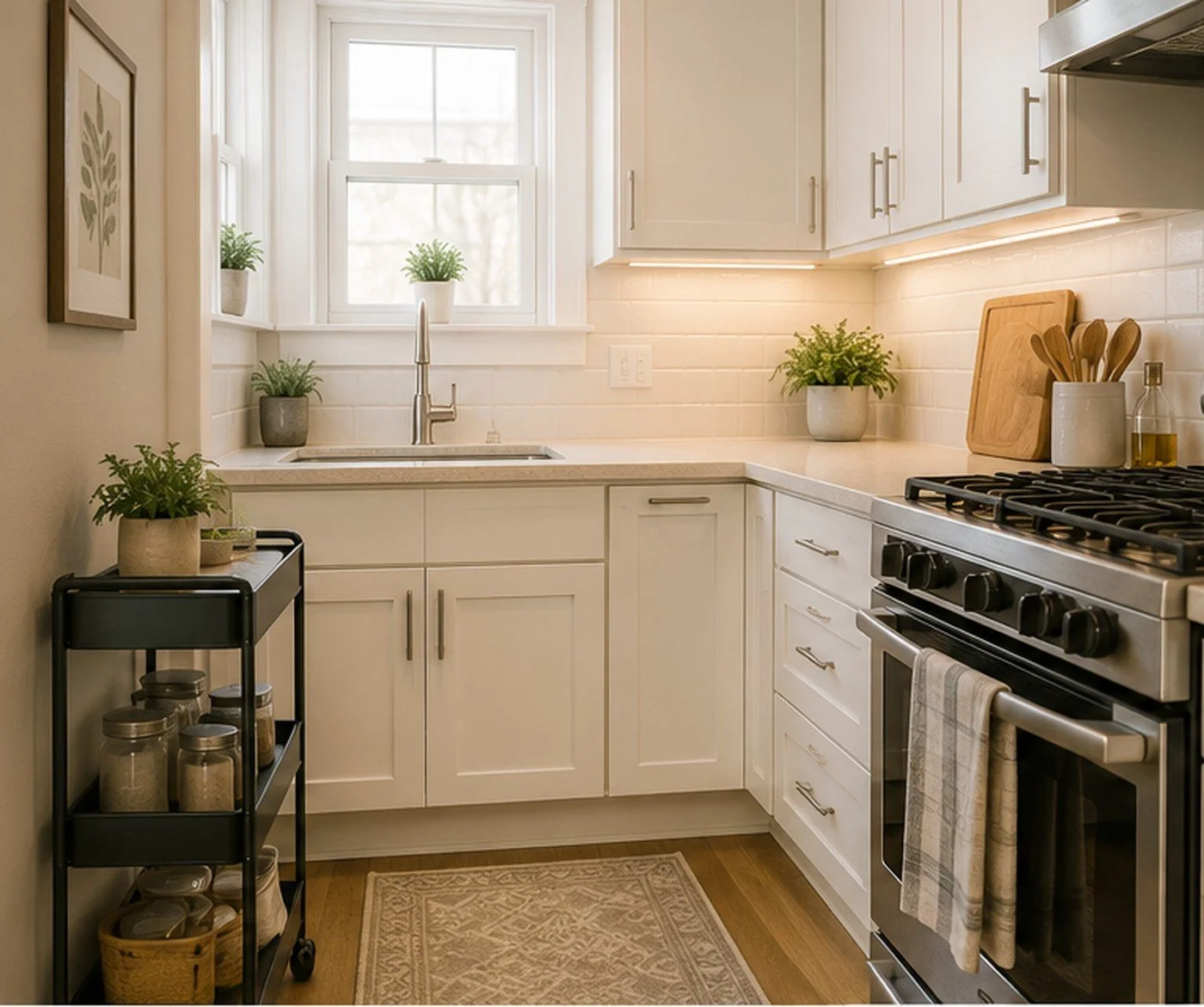 Bright small kitchen with light cabinets, clear counters, a slim rolling cart, plants, and warm neutral decor.