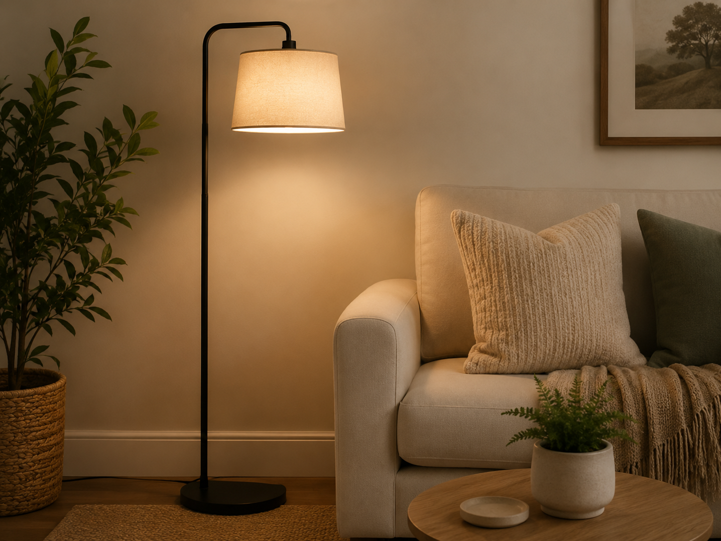 Warm floor lamp beside a cozy living room chair with neutral pillows and soft evening lighting.