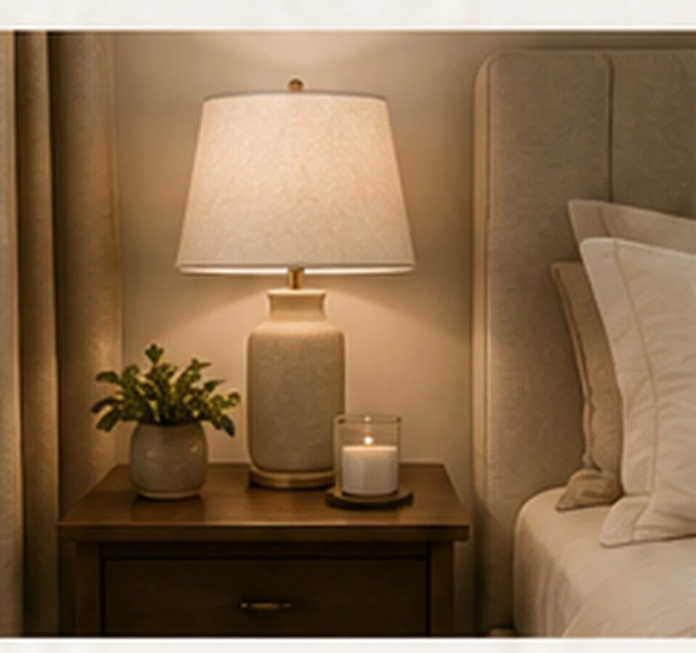 Warm bedside lamp on a nightstand beside a neutral upholstered bed with soft layered bedding.